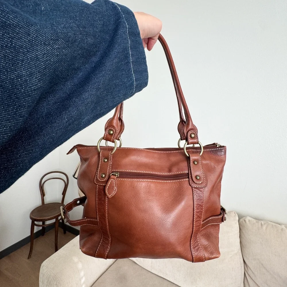 Brown Leather Shoulder Bag Buckle Detail Zippered Tote Brass Hardware Luce